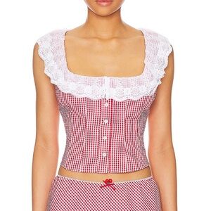 Danielle Guizio Red and White Gingham Lace-Trim Corset Top (NOT FOR SALE)